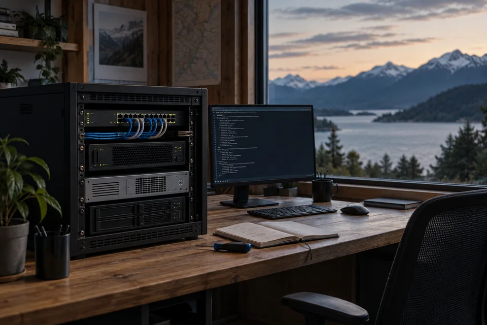 Homelab ordenado con un pequeño rack, servidores, cableado prolijo y una terminal.