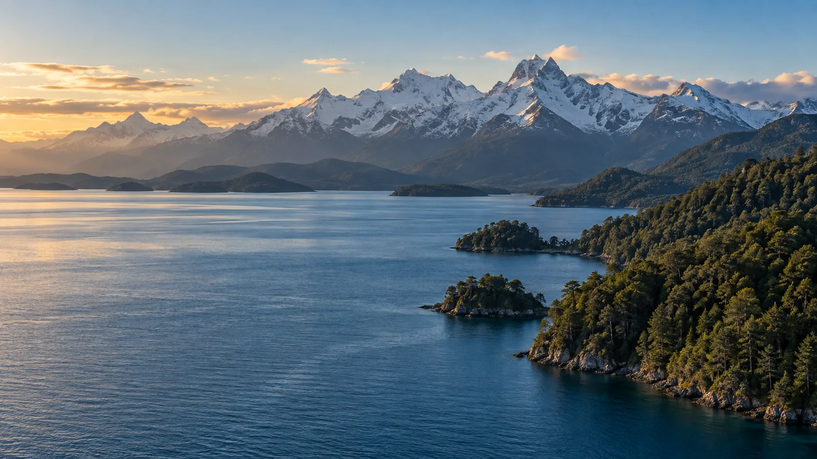 Agua, bosque y montañas: un paisaje del sur de Chile.